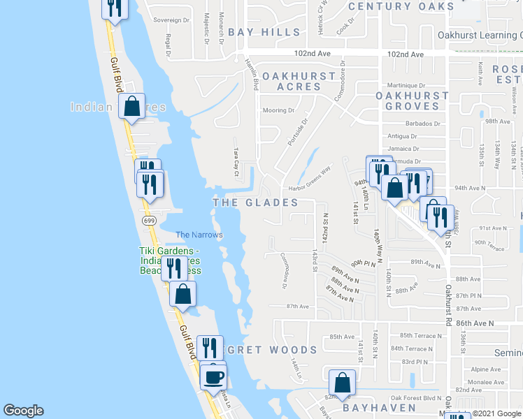 map of restaurants, bars, coffee shops, grocery stores, and more near 14495 Red Bird Court in Seminole