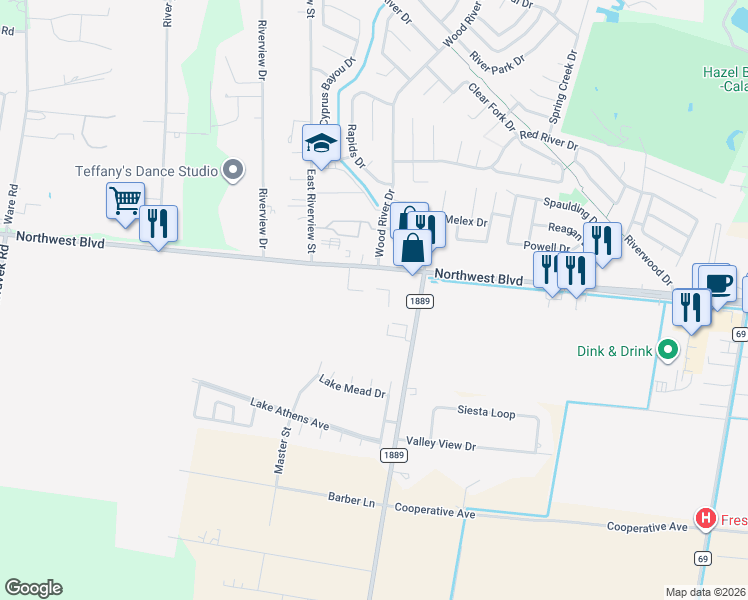 map of restaurants, bars, coffee shops, grocery stores, and more near 3922 West River Drive in Corpus Christi