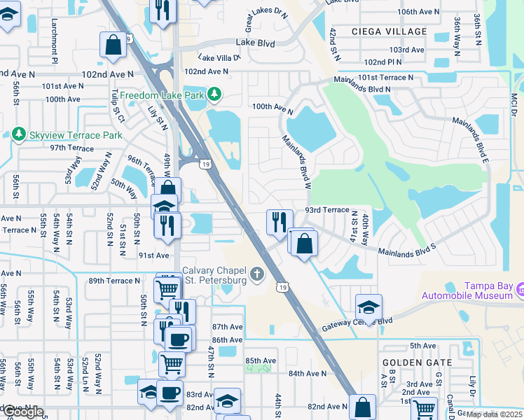 map of restaurants, bars, coffee shops, grocery stores, and more near 9359 US Highway 19 North in Pinellas Park