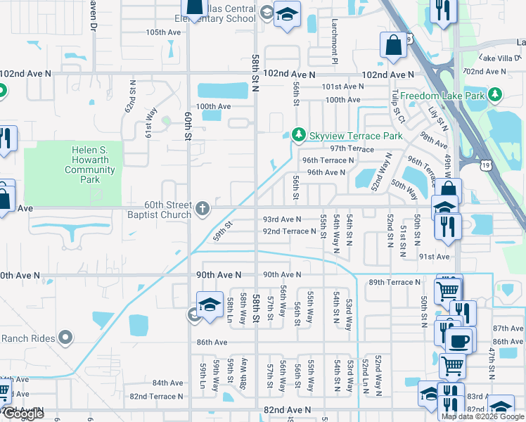 map of restaurants, bars, coffee shops, grocery stores, and more near 5772 94th Avenue in Pinellas Park