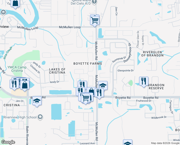 map of restaurants, bars, coffee shops, grocery stores, and more near 11703 South Stone Lane in Riverview