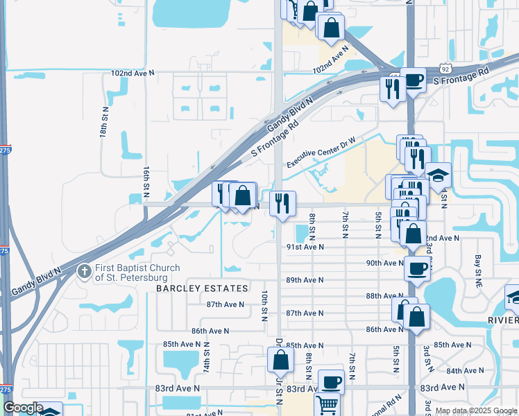 map of restaurants, bars, coffee shops, grocery stores, and more near 1000 94th Ave N in St Petersburg