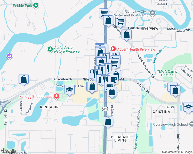 map of restaurants, bars, coffee shops, grocery stores, and more near in Riverview