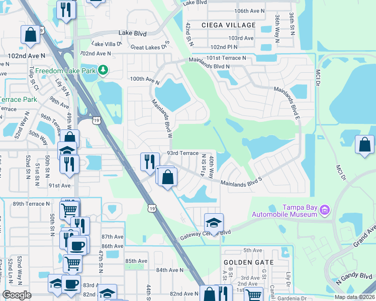 map of restaurants, bars, coffee shops, grocery stores, and more near 4125 93rd Terrace in Pinellas Park