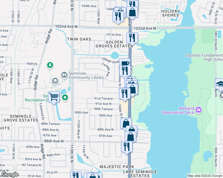 map of restaurants, bars, coffee shops, grocery stores, and more near 10896 Valencia Avenue in Seminole