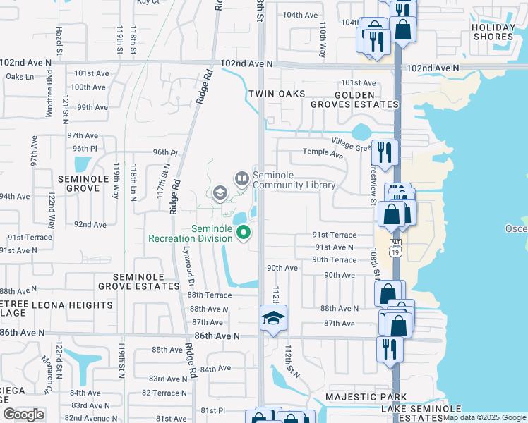 map of restaurants, bars, coffee shops, grocery stores, and more near in Seminole