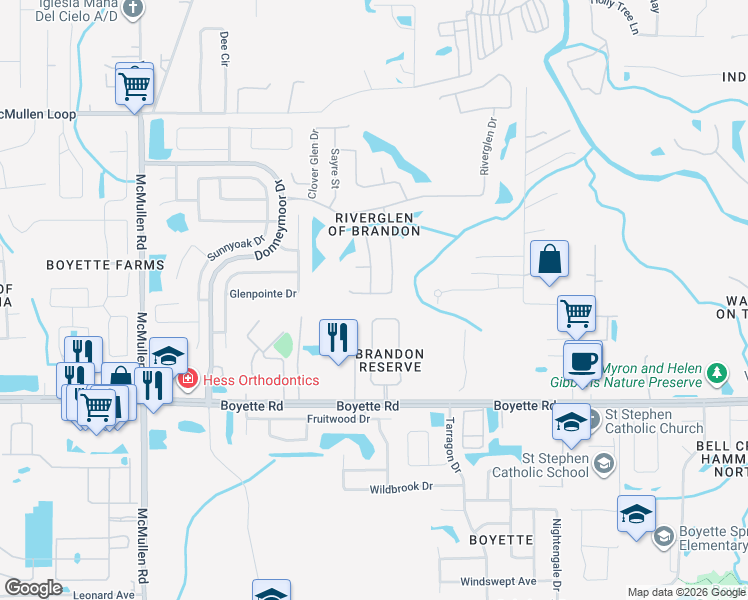 map of restaurants, bars, coffee shops, grocery stores, and more near 9643 Greenbank Drive in Riverview