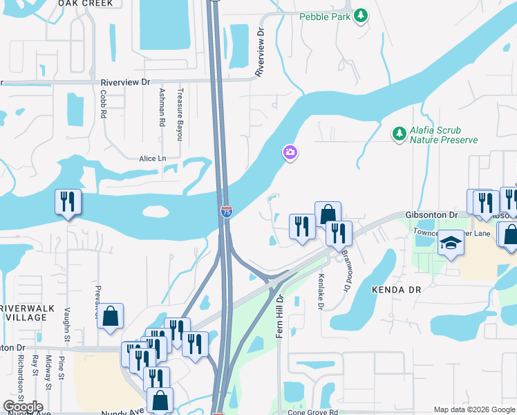 map of restaurants, bars, coffee shops, grocery stores, and more near 9711 Magnolia View Court in Riverview