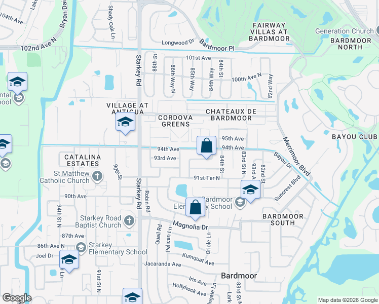map of restaurants, bars, coffee shops, grocery stores, and more near 8588 95th Avenue in Seminole