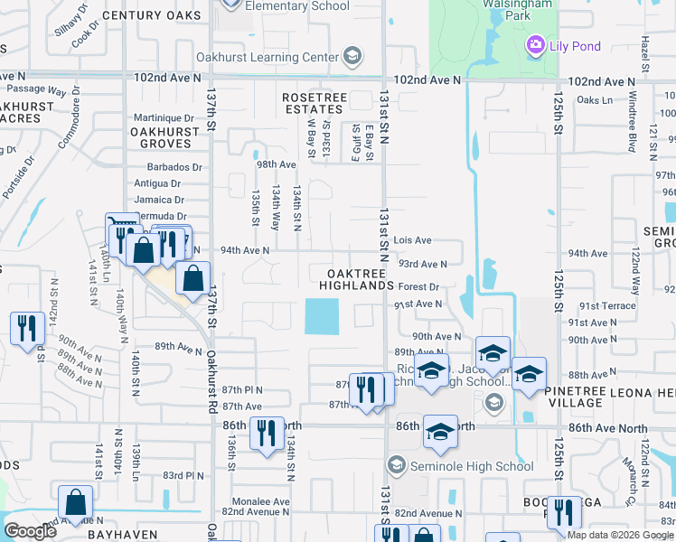 map of restaurants, bars, coffee shops, grocery stores, and more near 13327 93rd Avenue North in Seminole