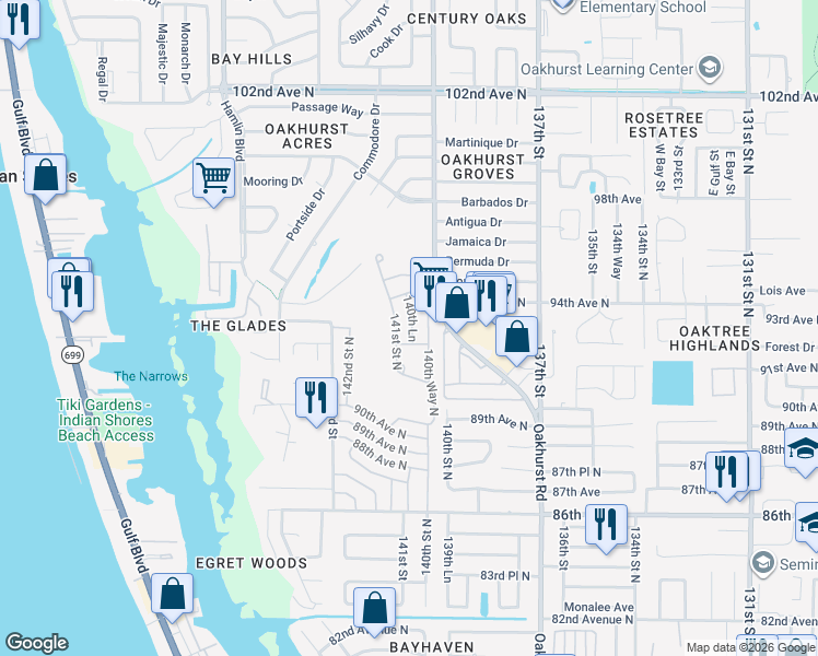 map of restaurants, bars, coffee shops, grocery stores, and more near 9288 140th Way North in Seminole