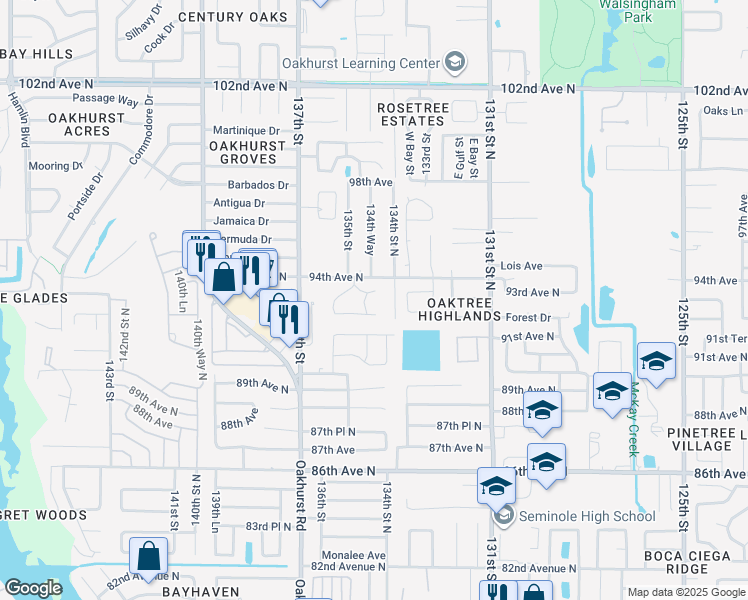 map of restaurants, bars, coffee shops, grocery stores, and more near 9257 Rustic Pines Boulevard East in Seminole