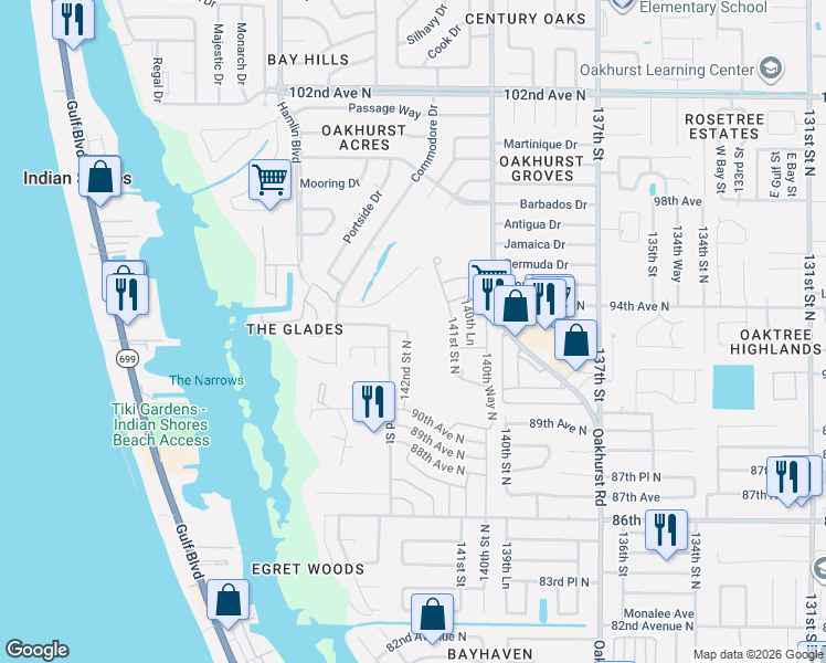 map of restaurants, bars, coffee shops, grocery stores, and more near 14245 93rd Avenue North in Seminole