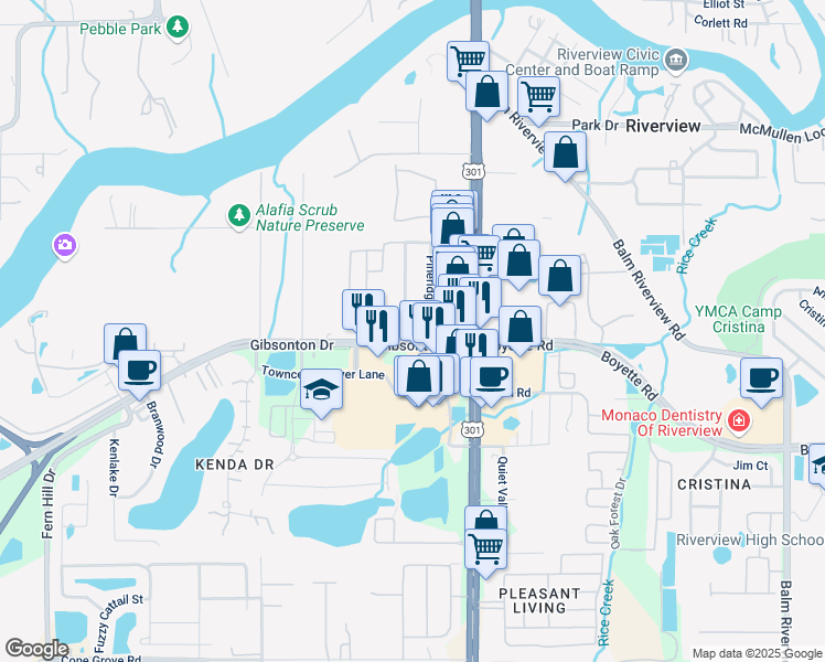 map of restaurants, bars, coffee shops, grocery stores, and more near 9610 Oakridge Avenue in Riverview