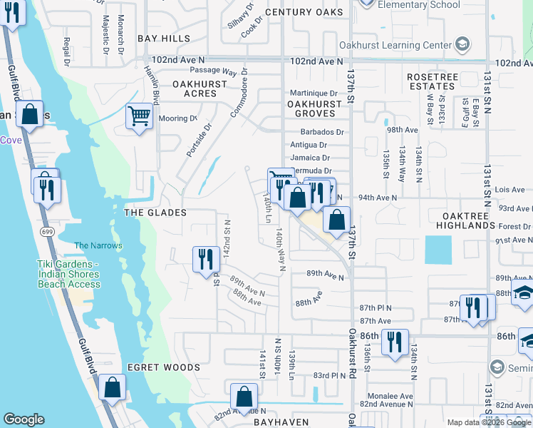 map of restaurants, bars, coffee shops, grocery stores, and more near 9288 140th Way North in Seminole