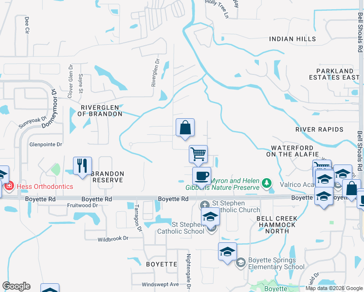 map of restaurants, bars, coffee shops, grocery stores, and more near 9706 Carr Road in Riverview