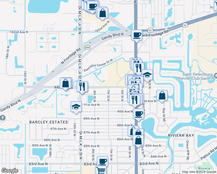 map of restaurants, bars, coffee shops, grocery stores, and more near 18381 7th Street North in Saint Petersburg