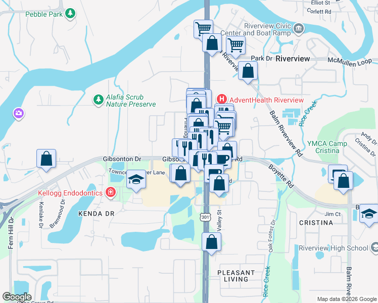 map of restaurants, bars, coffee shops, grocery stores, and more near 9616 Pineridge Avenue in Riverview