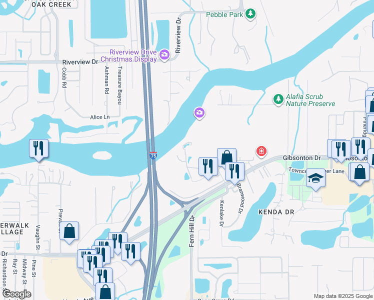 map of restaurants, bars, coffee shops, grocery stores, and more near 9714 Magnolia View Court in Riverview