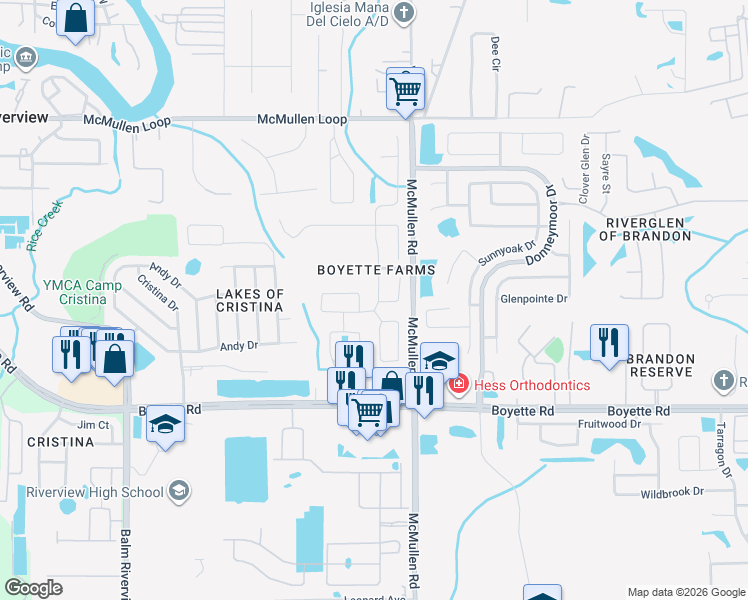 map of restaurants, bars, coffee shops, grocery stores, and more near 9615 Laurel Ledge Drive in Riverview