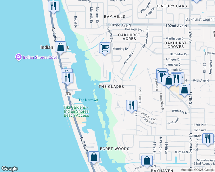 map of restaurants, bars, coffee shops, grocery stores, and more near 14609 Loridawn Drive in Seminole