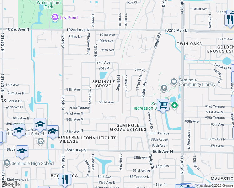 map of restaurants, bars, coffee shops, grocery stores, and more near 9376 119th Way in Seminole