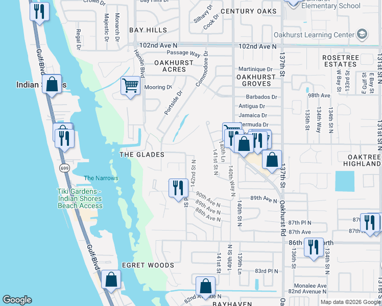 map of restaurants, bars, coffee shops, grocery stores, and more near 14245 93rd Avenue North in Seminole