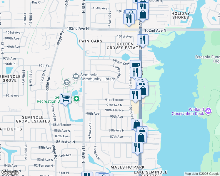 map of restaurants, bars, coffee shops, grocery stores, and more near 9386 Temple Avenue in Seminole