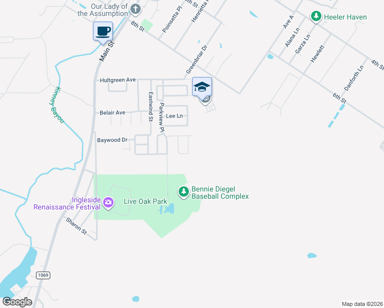 map of restaurants, bars, coffee shops, grocery stores, and more near 2145 Ridgewood Circle in Ingleside