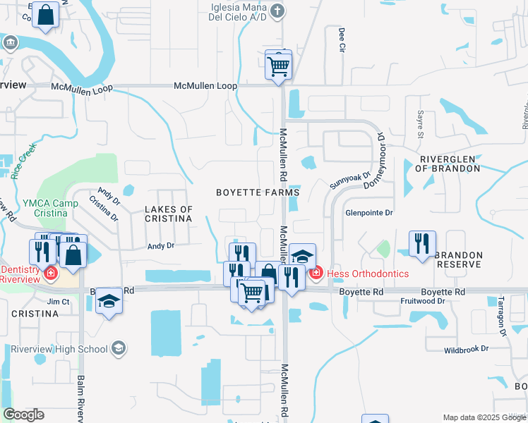 map of restaurants, bars, coffee shops, grocery stores, and more near 9614 Laurel Ledge Drive in Riverview