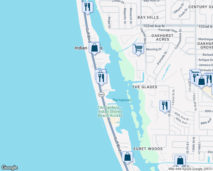 map of restaurants, bars, coffee shops, grocery stores, and more near 19701 Gulf Boulevard in Indian Shores