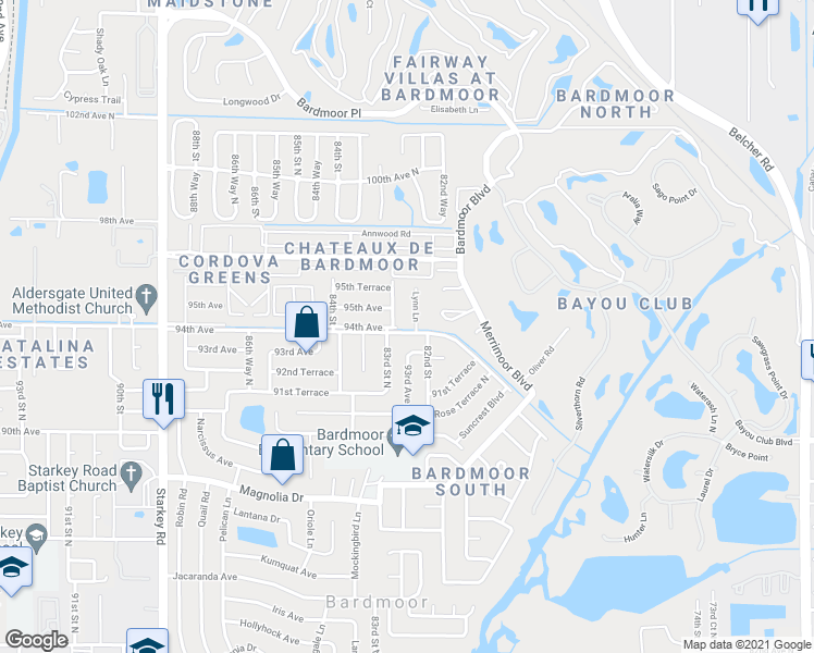 map of restaurants, bars, coffee shops, grocery stores, and more near 9403 Lynn Lane in Seminole
