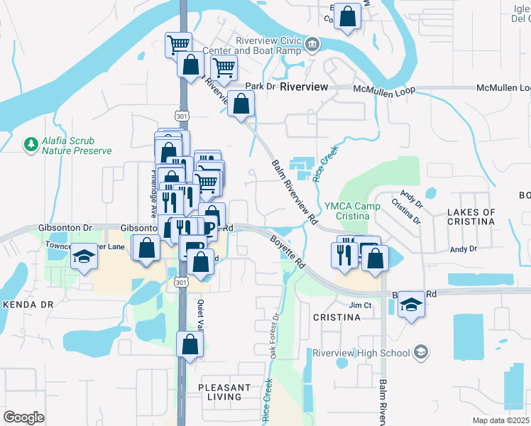 map of restaurants, bars, coffee shops, grocery stores, and more near 9698 Sweetwell Place in Riverview