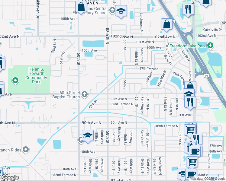 map of restaurants, bars, coffee shops, grocery stores, and more near 5760 94th Terrace North in Pinellas Park