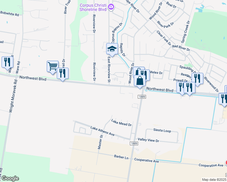 map of restaurants, bars, coffee shops, grocery stores, and more near 15117 Northwest Boulevard in Corpus Christi