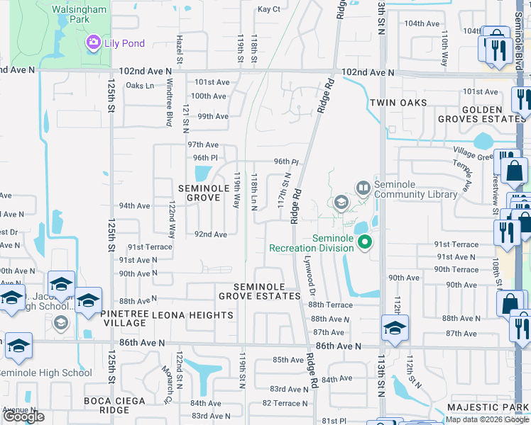 map of restaurants, bars, coffee shops, grocery stores, and more near 9391 118th Lane North in Seminole
