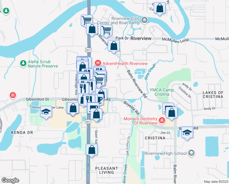 map of restaurants, bars, coffee shops, grocery stores, and more near 10810 Boyette Road in Riverview