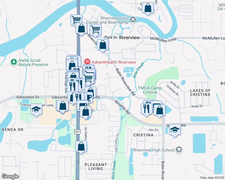 map of restaurants, bars, coffee shops, grocery stores, and more near 9698 Sweetwell Place in Riverview
