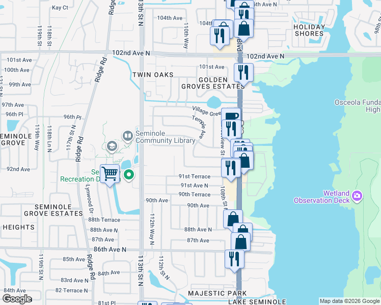 map of restaurants, bars, coffee shops, grocery stores, and more near 9386 Temple Avenue in Seminole