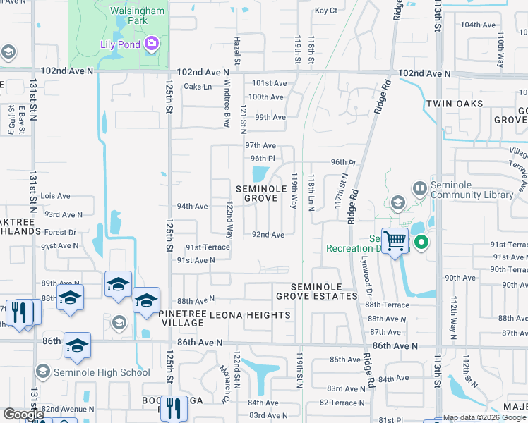 map of restaurants, bars, coffee shops, grocery stores, and more near 9372 120th Way in Seminole