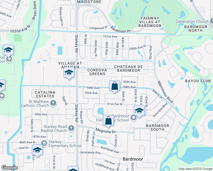 map of restaurants, bars, coffee shops, grocery stores, and more near 8588 95th Avenue in Seminole