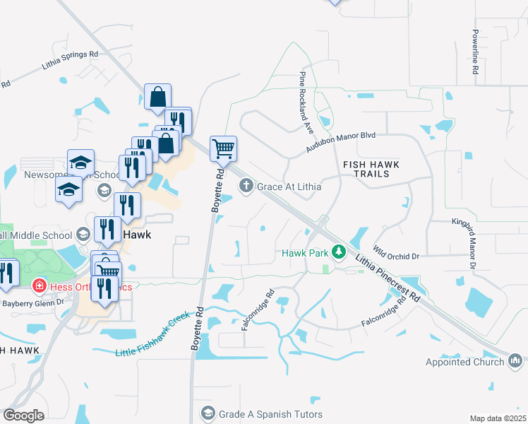 map of restaurants, bars, coffee shops, grocery stores, and more near 5610 Hawklake Road in Lithia
