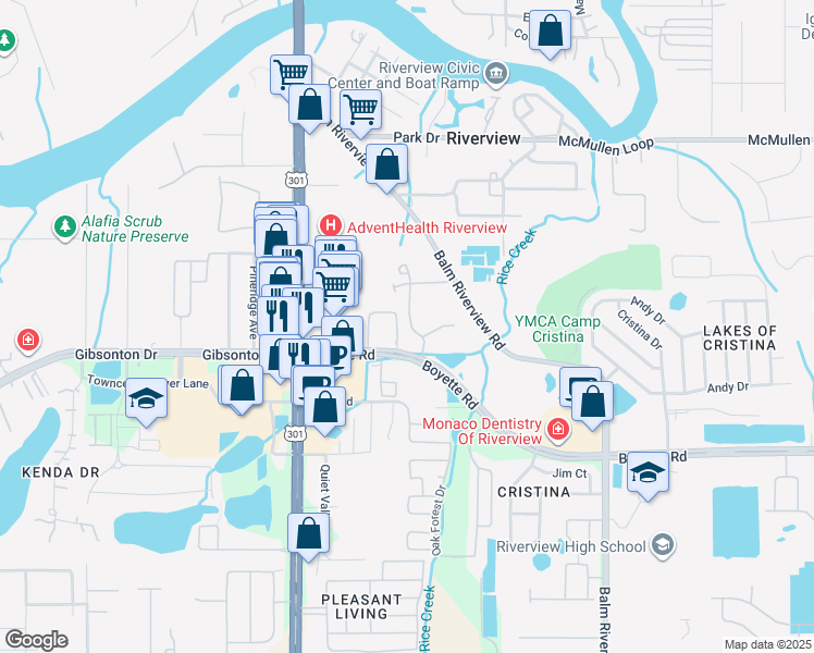 map of restaurants, bars, coffee shops, grocery stores, and more near 10810 Boyette Road in Riverview