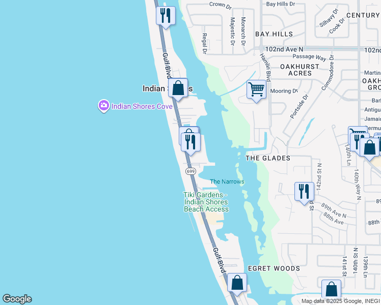 map of restaurants, bars, coffee shops, grocery stores, and more near 19711 Gulf Boulevard in Indian Shores