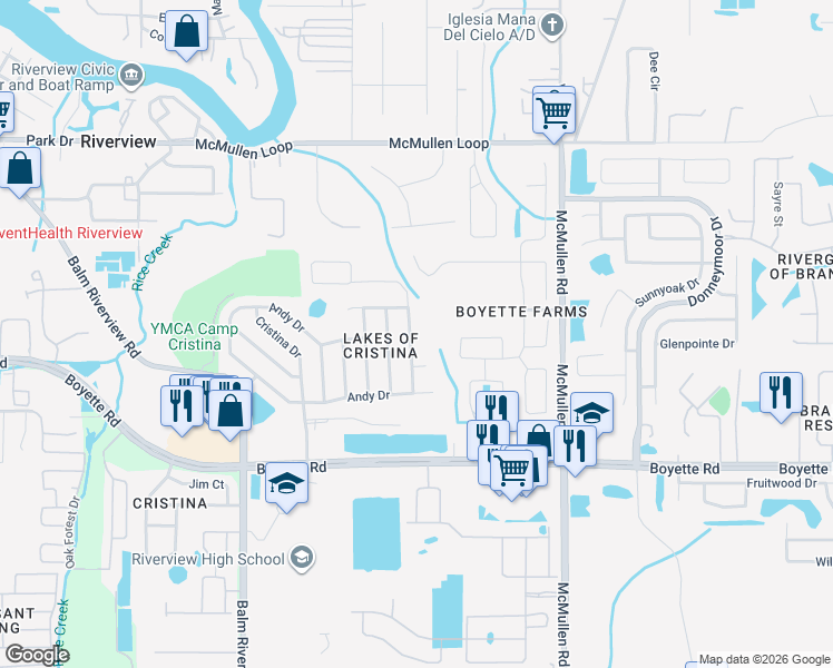 map of restaurants, bars, coffee shops, grocery stores, and more near 9808 Wydella Street in Riverview