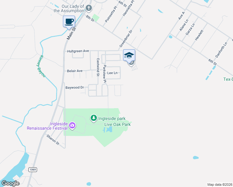 map of restaurants, bars, coffee shops, grocery stores, and more near 2094 Ridgewood Circle in Ingleside