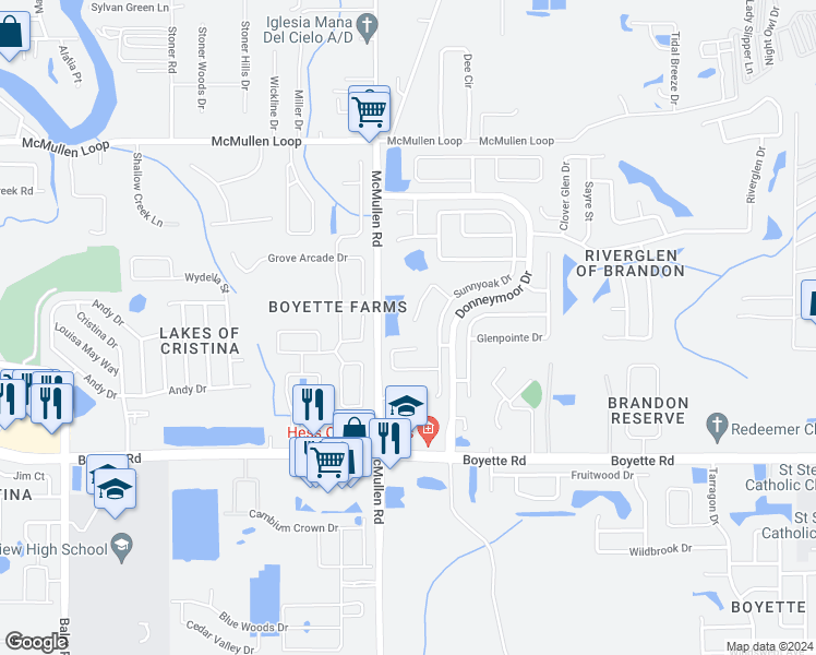 map of restaurants, bars, coffee shops, grocery stores, and more near 9623 Glenox Lane in Riverview