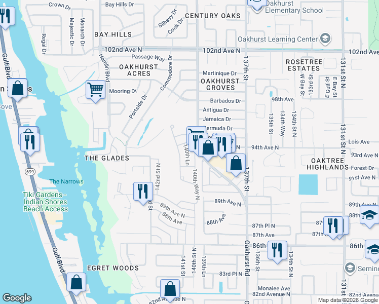map of restaurants, bars, coffee shops, grocery stores, and more near 9288 140th Way North in Seminole