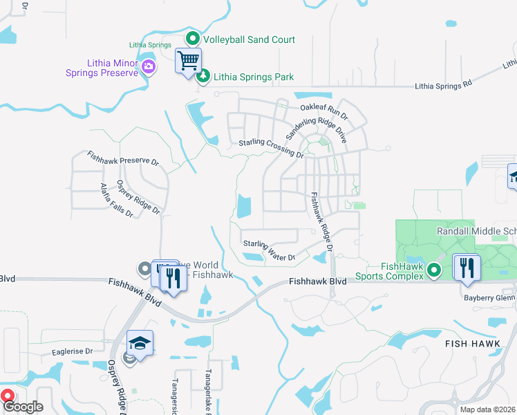 map of restaurants, bars, coffee shops, grocery stores, and more near 5409 Sanderling Ridge Drive in Lithia