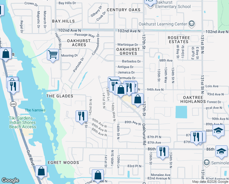 map of restaurants, bars, coffee shops, grocery stores, and more near 9288 140th Way North in Seminole